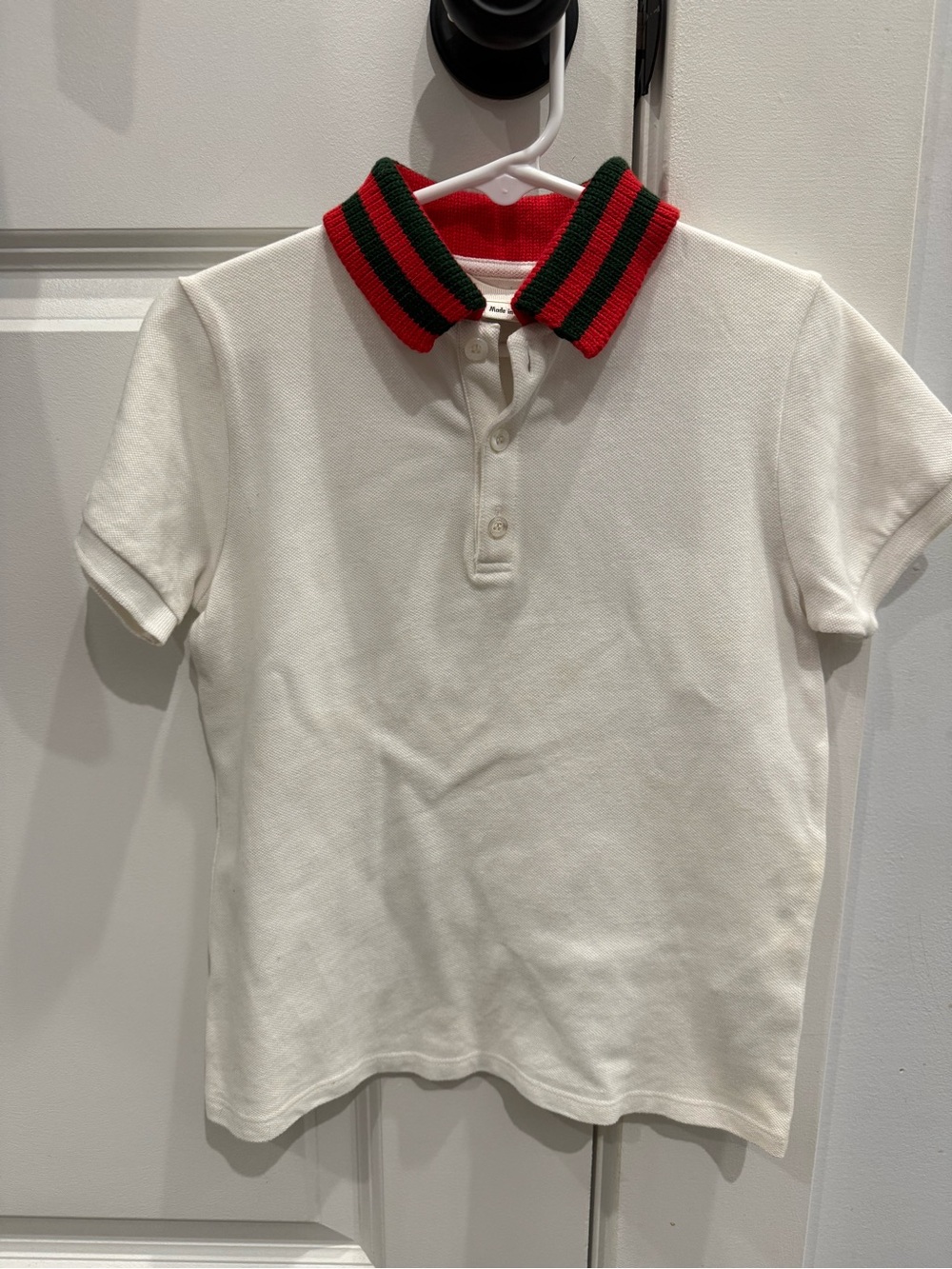 Gucci Kids White Polo Shirt with Red & Green Stripe Collar